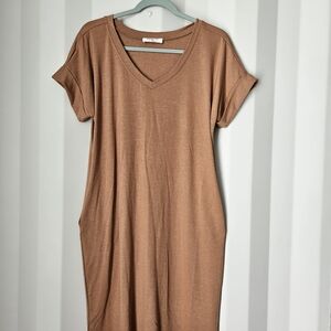 Zenana Outfitters Soft Brown V-Neck T-Shirt Dress